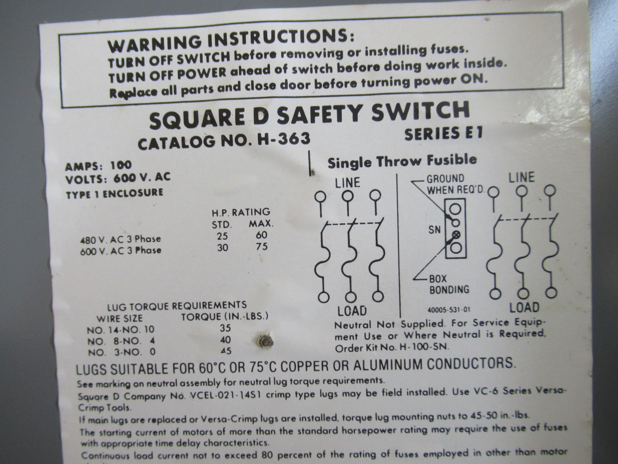 Square D H363 Single Throw Safety Switch for sale online 